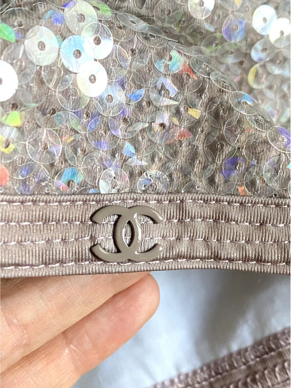 Vintage CHANEL 2005 FR-38 Sequin Tank Top Brown Beige CC Logo 05P Small
